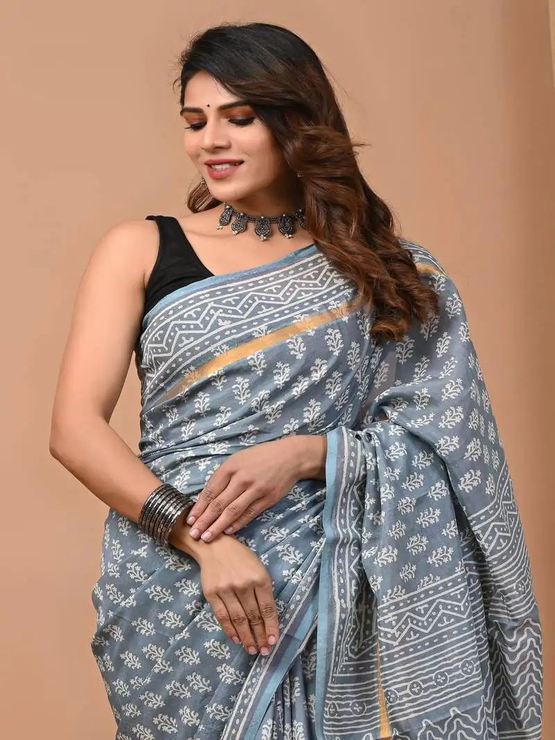 Grey hand block printed with natural dye cotton silk saree with blouse piece