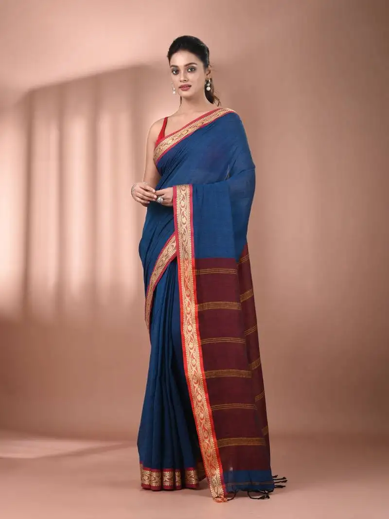 Sapphire blue mulmul cotton soft saree with texture borders without blouse