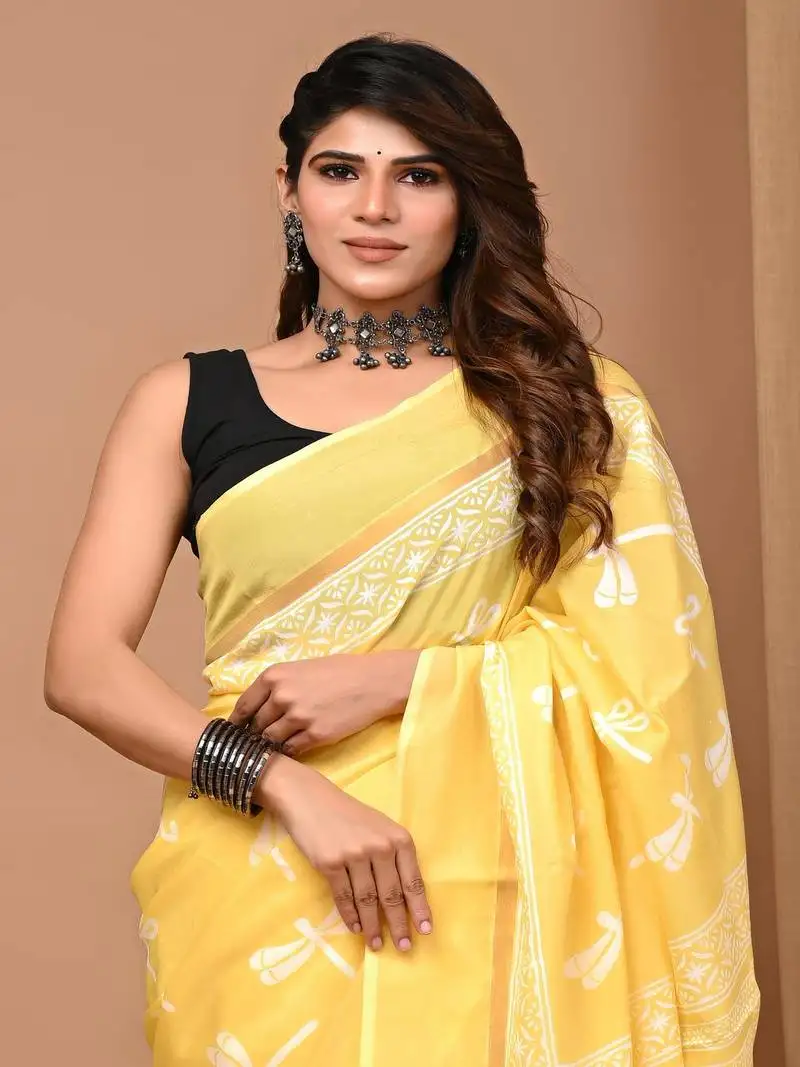 Yellow hand block printed with natural dye cotton silk saree with blouse piece