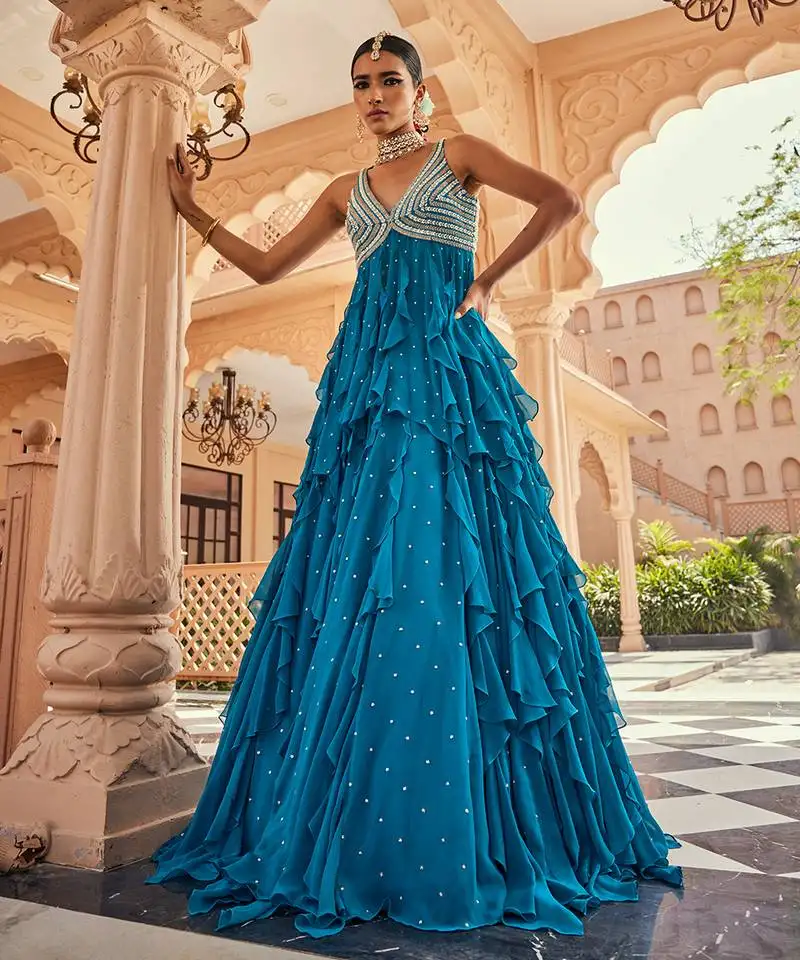 Blue silk blend embroidered anarkali lehenga stitched
