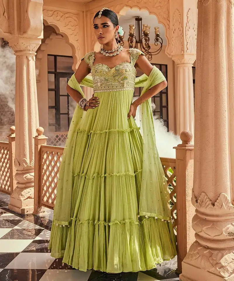 Apple green silk blend floral embroidered anarkali lehenga stitched