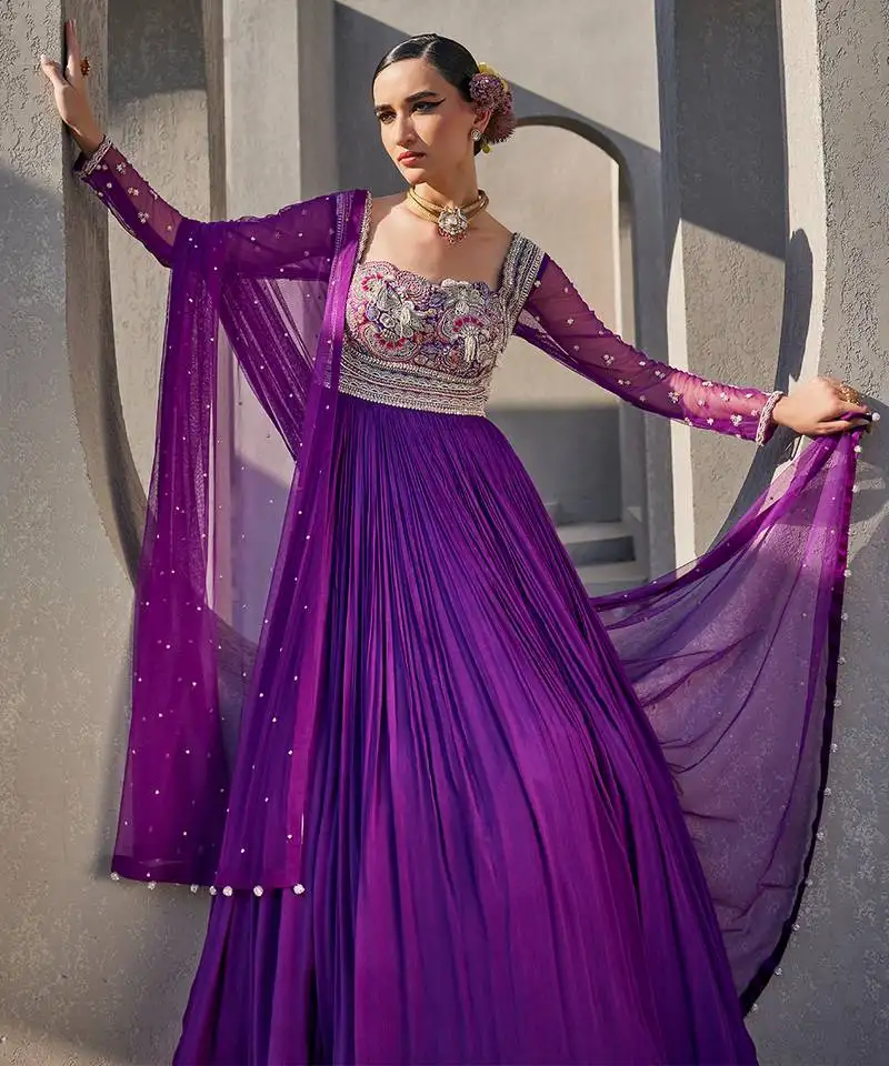 Bright purple silk blend floral embroidered anarkali stitched
