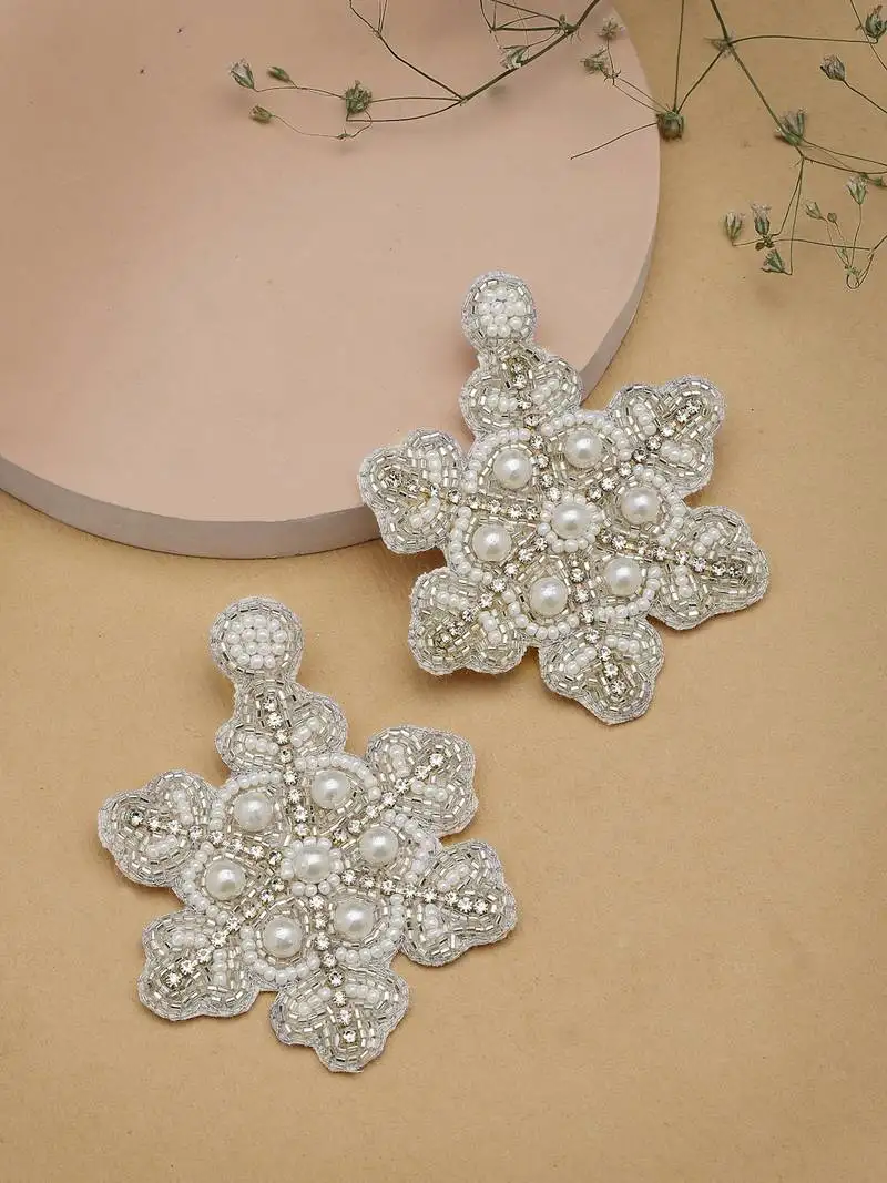 Snowflake silver & white star shaped handcrafted chandbalis