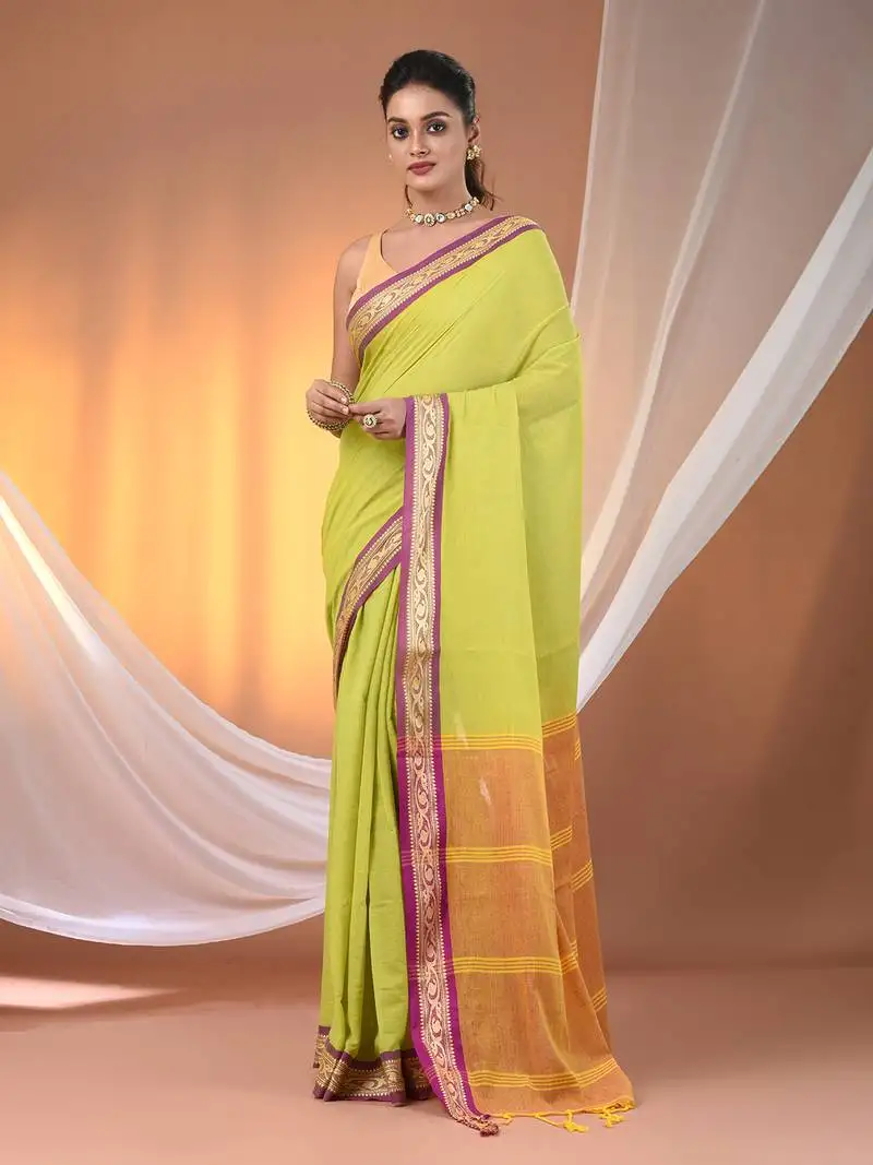 Lime green mulmul cotton soft saree with texture borders without blouse