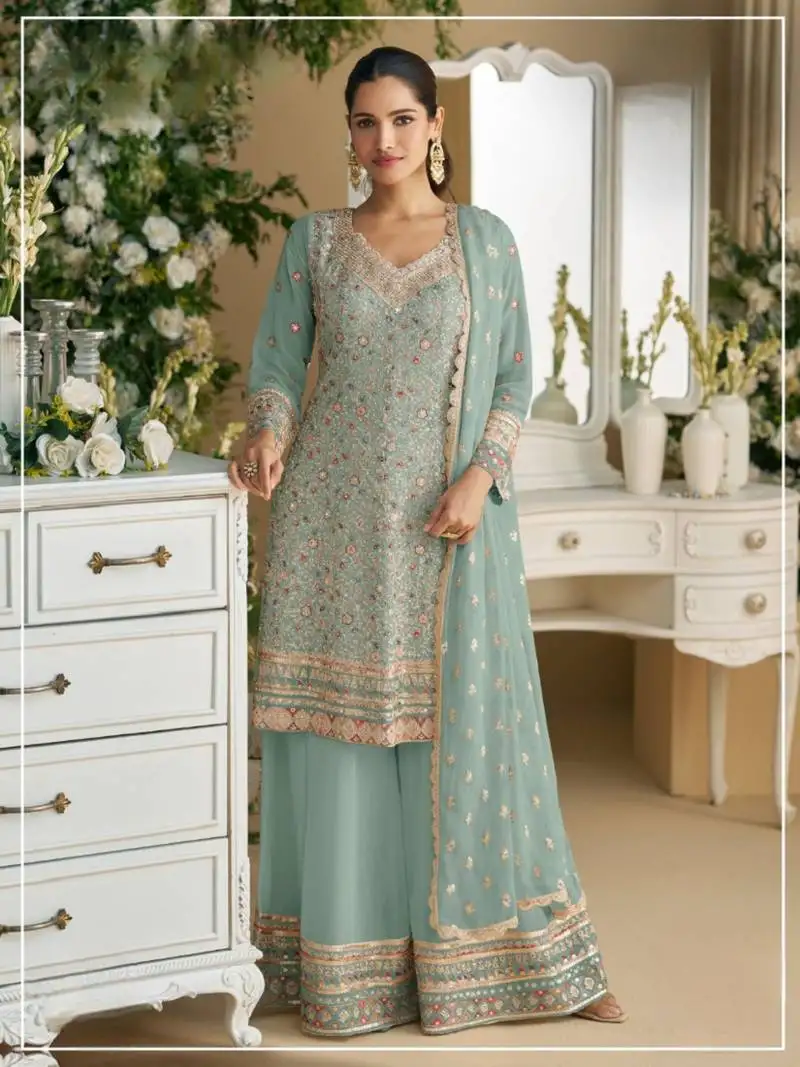 Seagreen heavy faux georgette with viscose thread work semi-stitched suit semi stitched