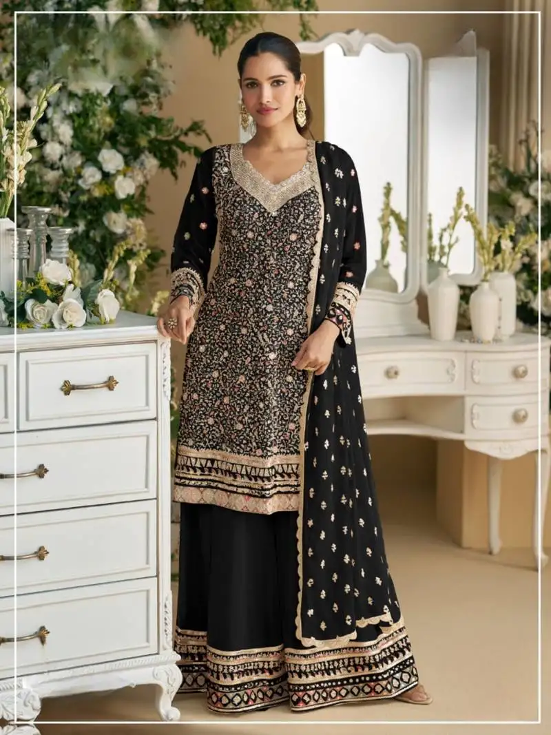 Black heavy faux georgette with viscose thread work semi-stitched suit semi stitched