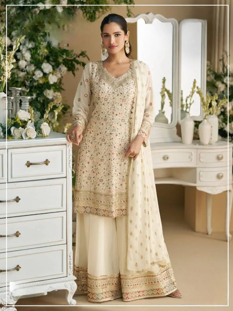 White heavy faux georgette with viscose thread work semi-stitched suit semi stitched