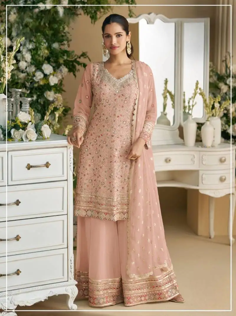 Peach heavy faux georgette with viscose thread work semi-stitched suit semi stitched