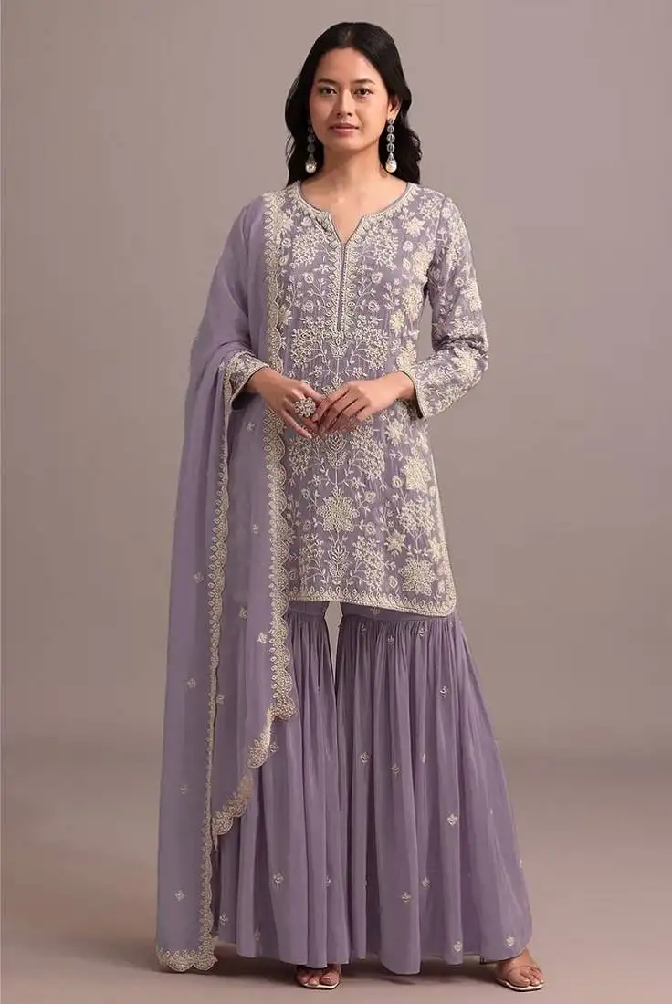 Lavender heavy faux georgette with viscose thread work semi-stitched suit semi stitched
