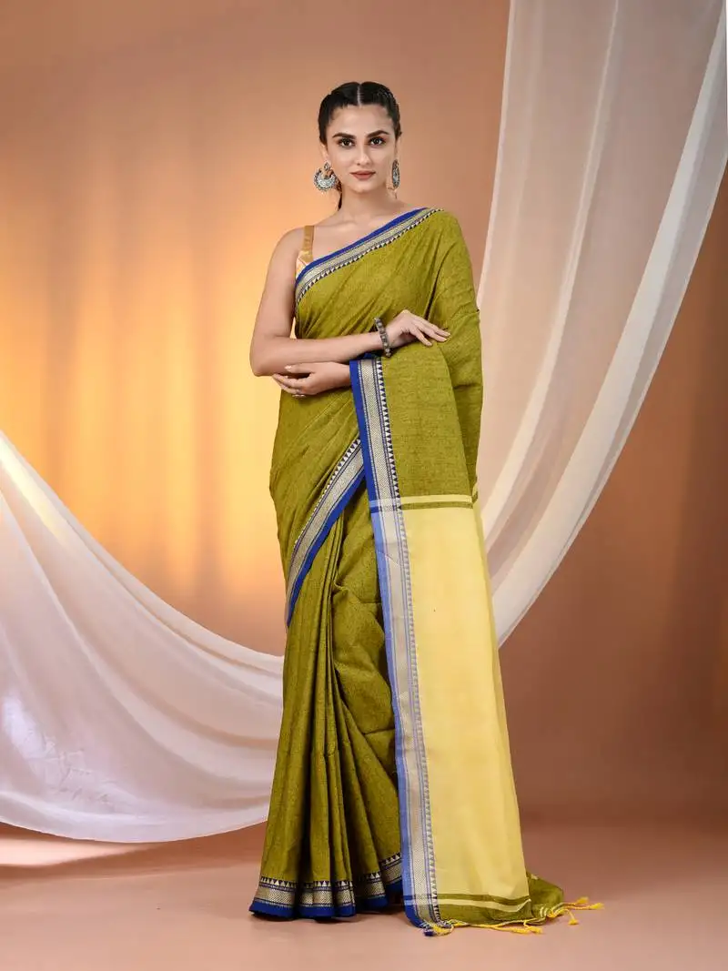 Sap green cotton handspun soft saree with texture borders