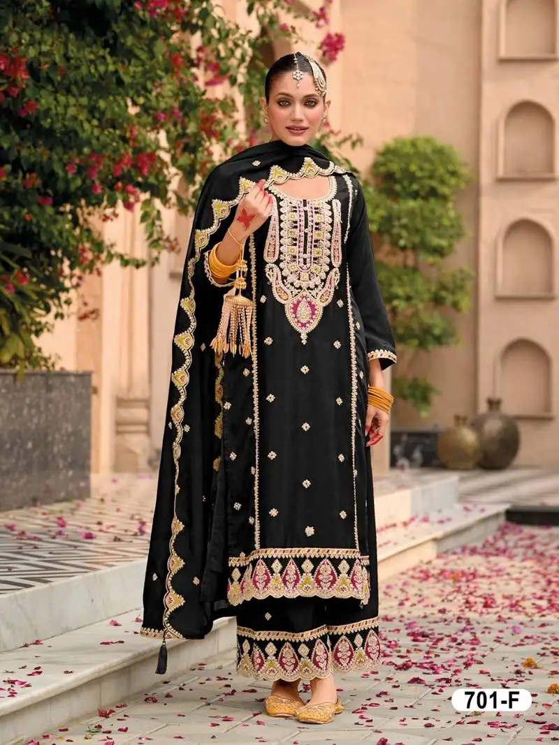 Black pure airtex chinon with embroidered cording sequence work semi-stitched suit semi stitched