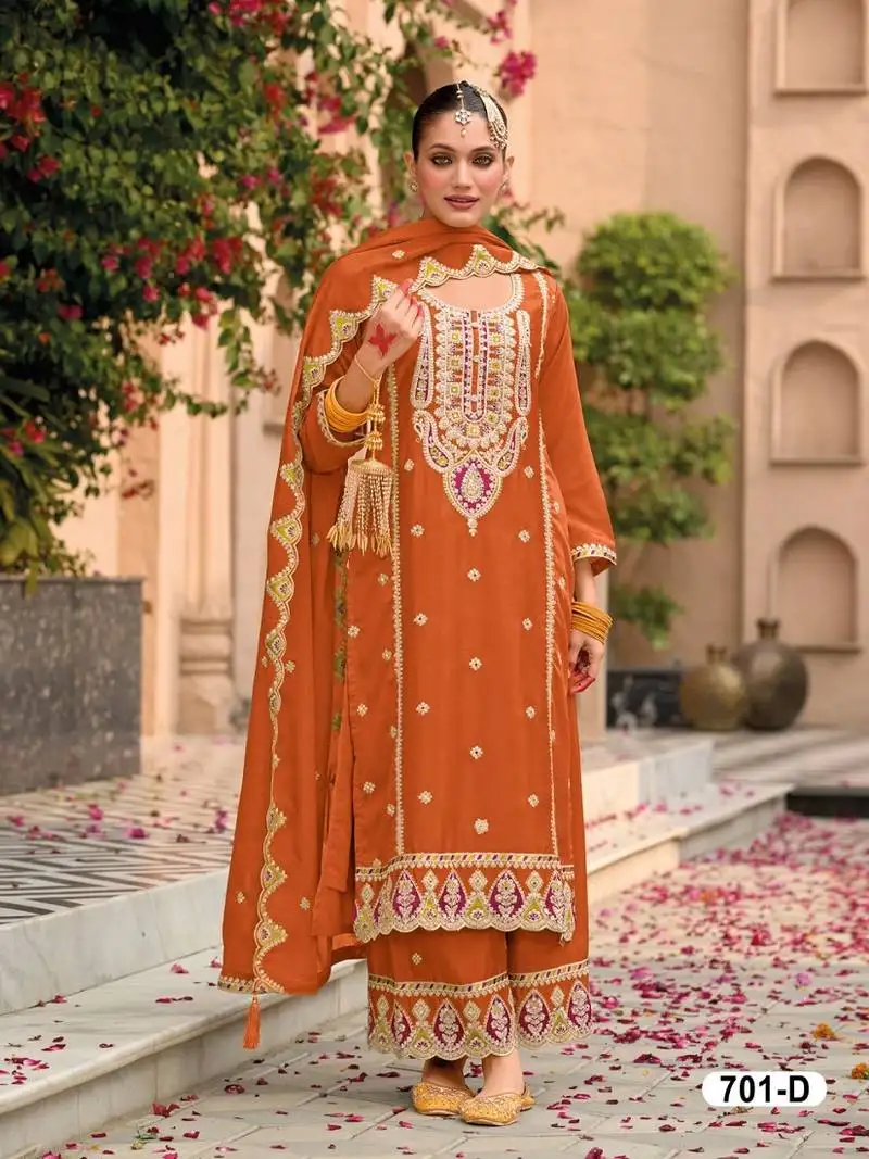 Orange pure airtex chinon with embroidered cording sequence work semi-stitched suit semi stitched