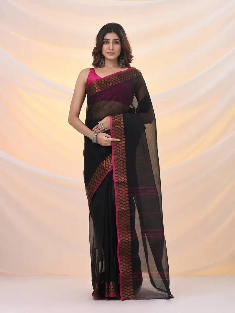 Black pure cotton tant saree with woven designs