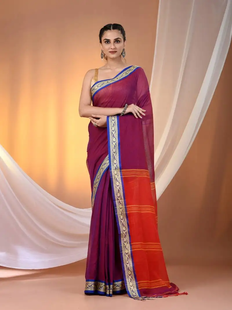 Purple mulmul cotton soft saree with texture borders without blouse