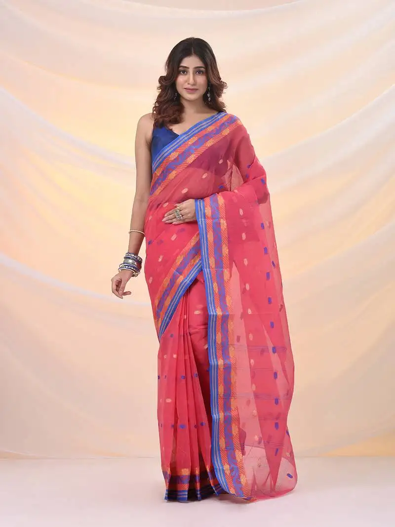 Punch pink pure cotton tant saree with woven designs