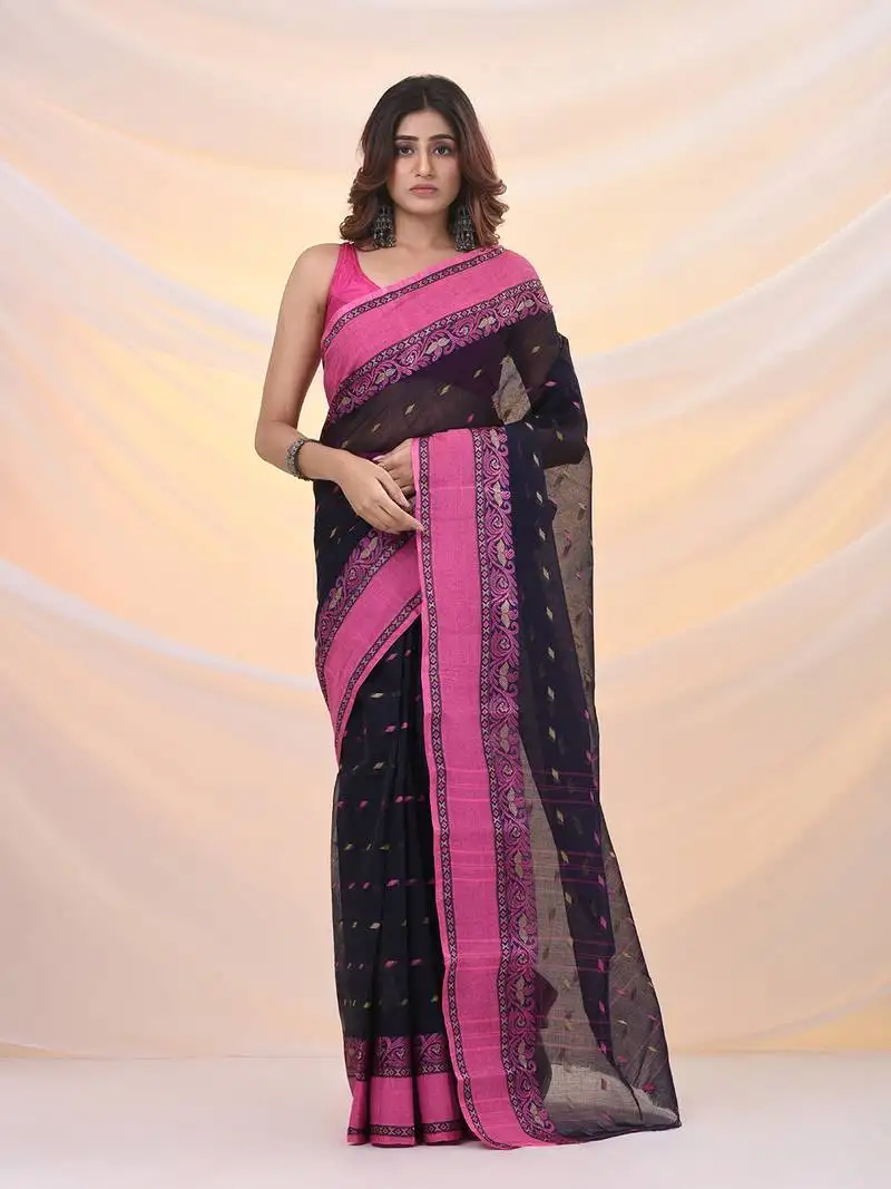 Navy blue pure cotton tant saree with woven designs