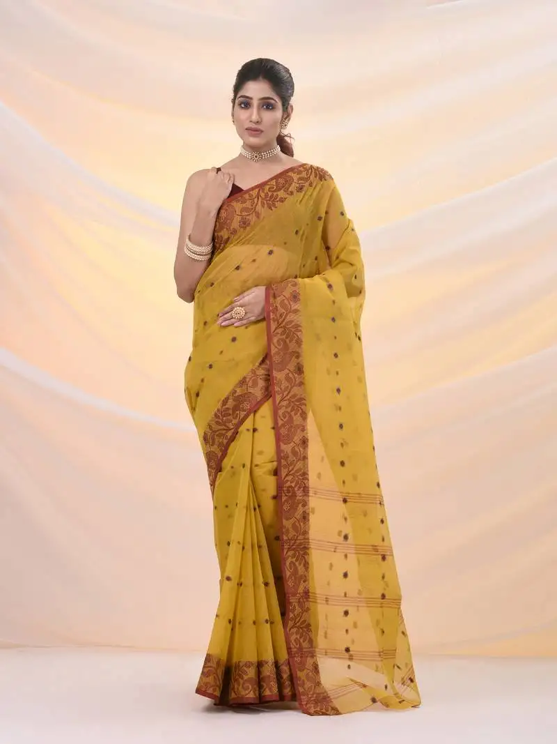 Mustard pure cotton tant saree with woven designs