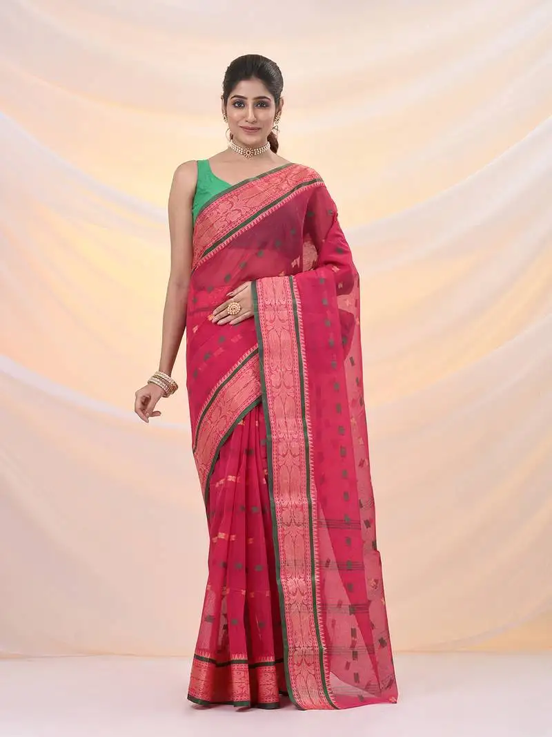 Fuchsia pure cotton tant saree with woven designs
