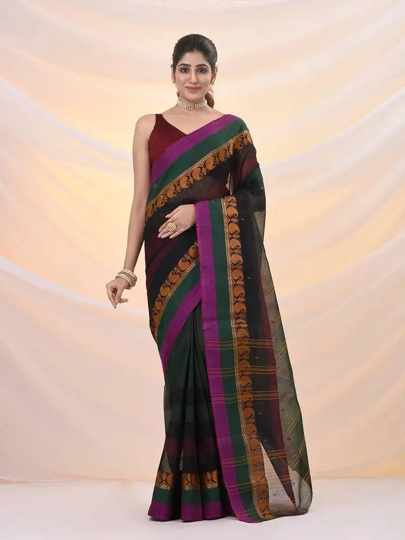 Forest green pure cotton tant saree with woven designs