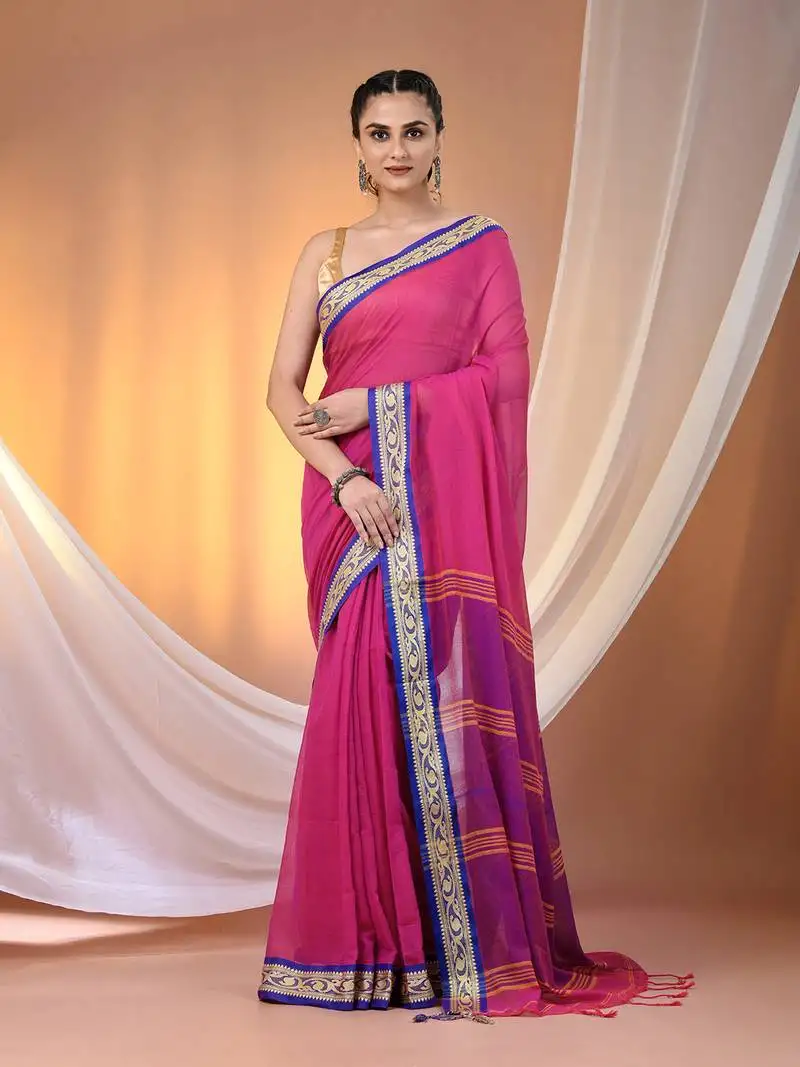 Pink mulmul cotton soft saree with texture borders without blouse