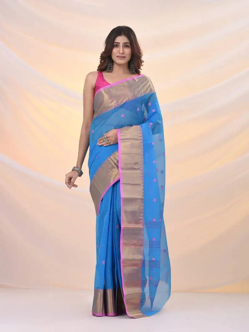 Sky blue pure cotton tant saree with zari border