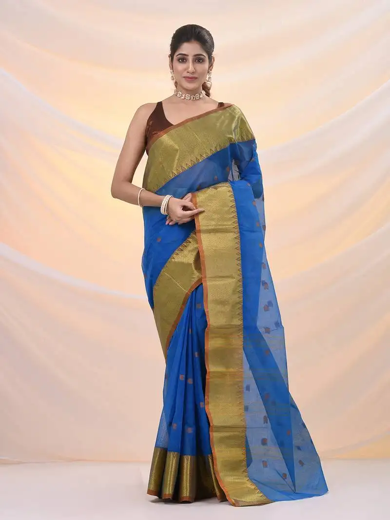Sapphire blue pure cotton tant saree with zari border
