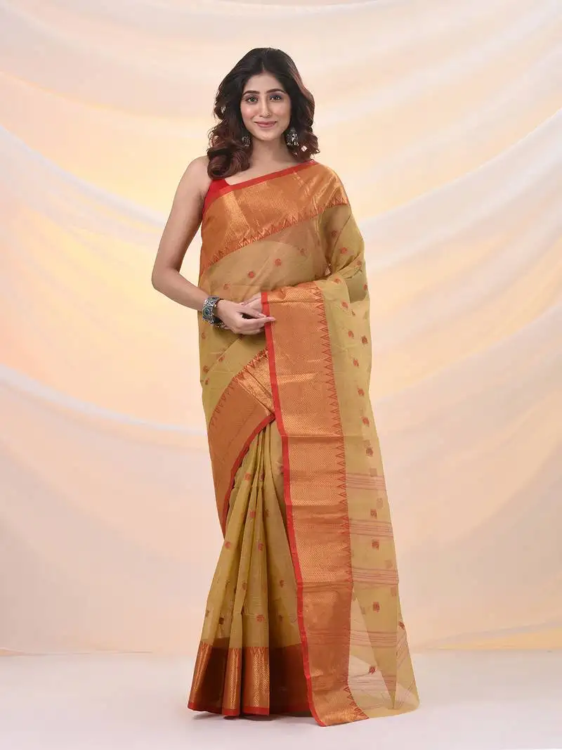 Dark beige pure cotton tant saree with zari border
