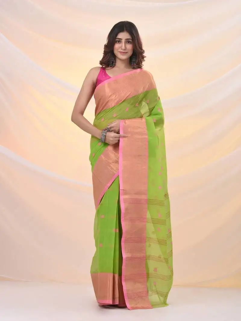 Parrot green pure cotton tant saree with zari border
