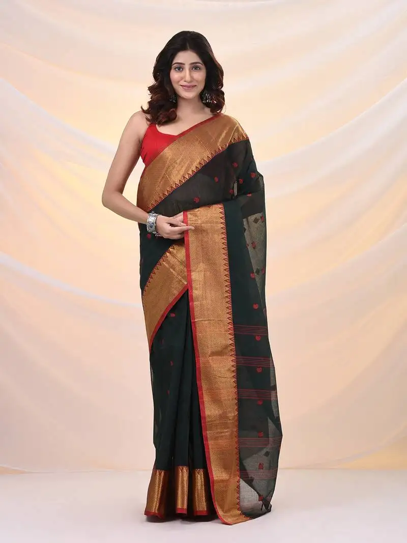 Dark green pure cotton tant saree with zari border