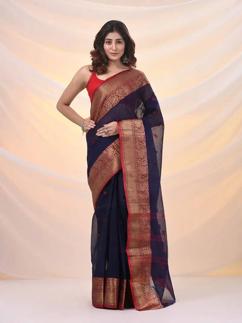 Navy blue pure cotton tant saree with zari border