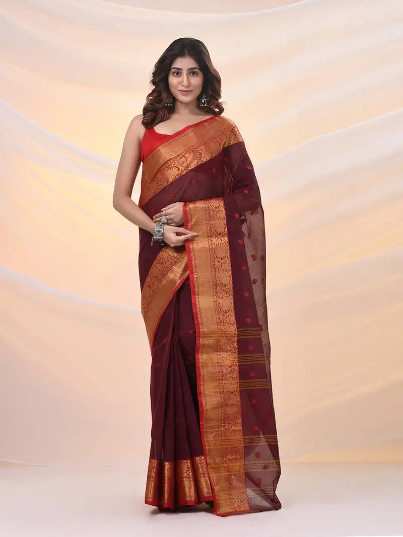 Dark red pure cotton tant saree with zari border