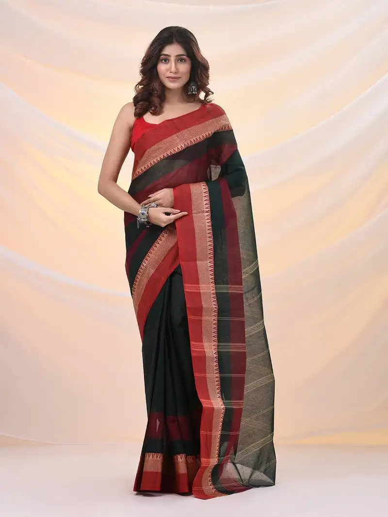 Emerald green pure cotton tant saree with temple border