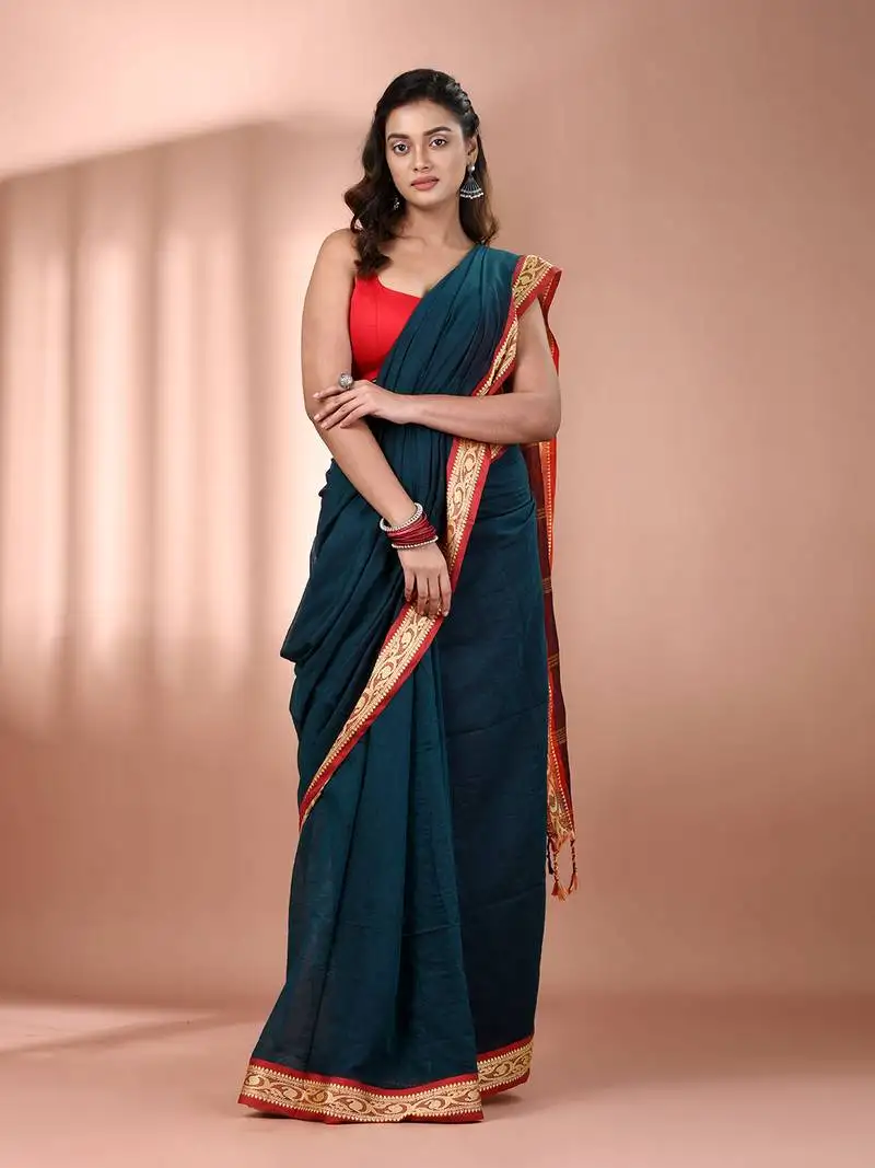 Teal mulmul cotton soft saree with texture borders without blouse