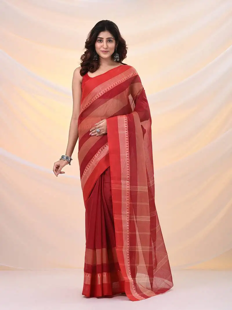 Red pure cotton tant saree with temple border