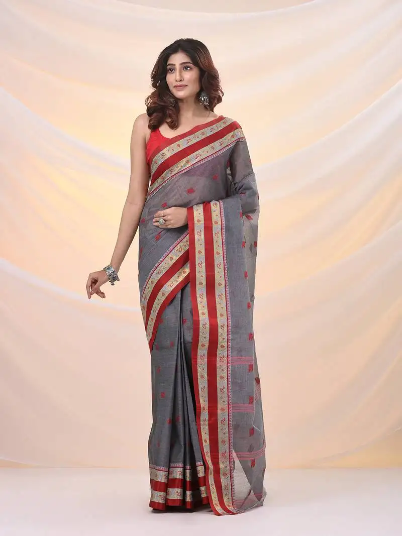 Grey pure cotton tant saree with woven designs