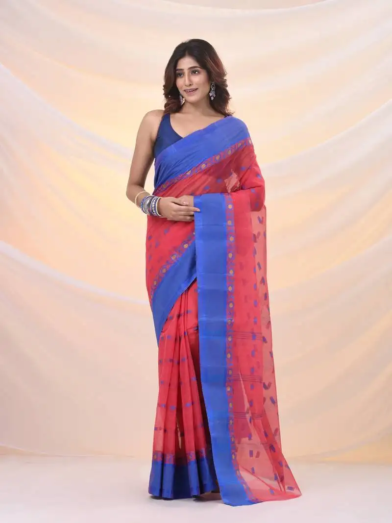 Crimson red pure cotton tant saree with woven designs
