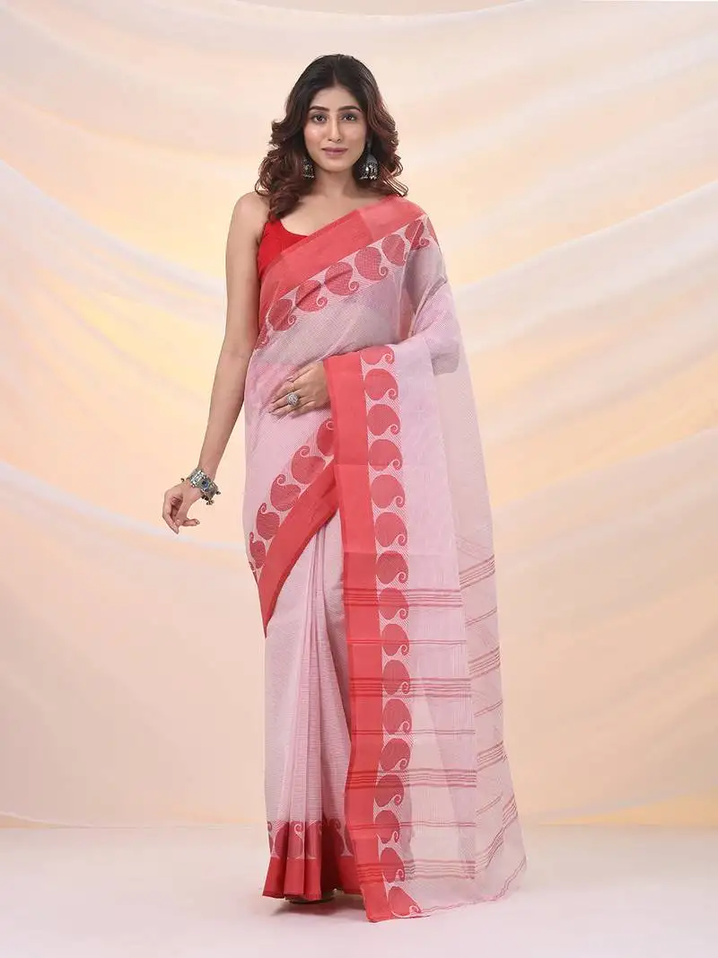 White and red pure cotton tant saree with woven designs
