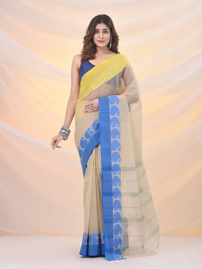 Cream pure cotton tant saree with woven designs