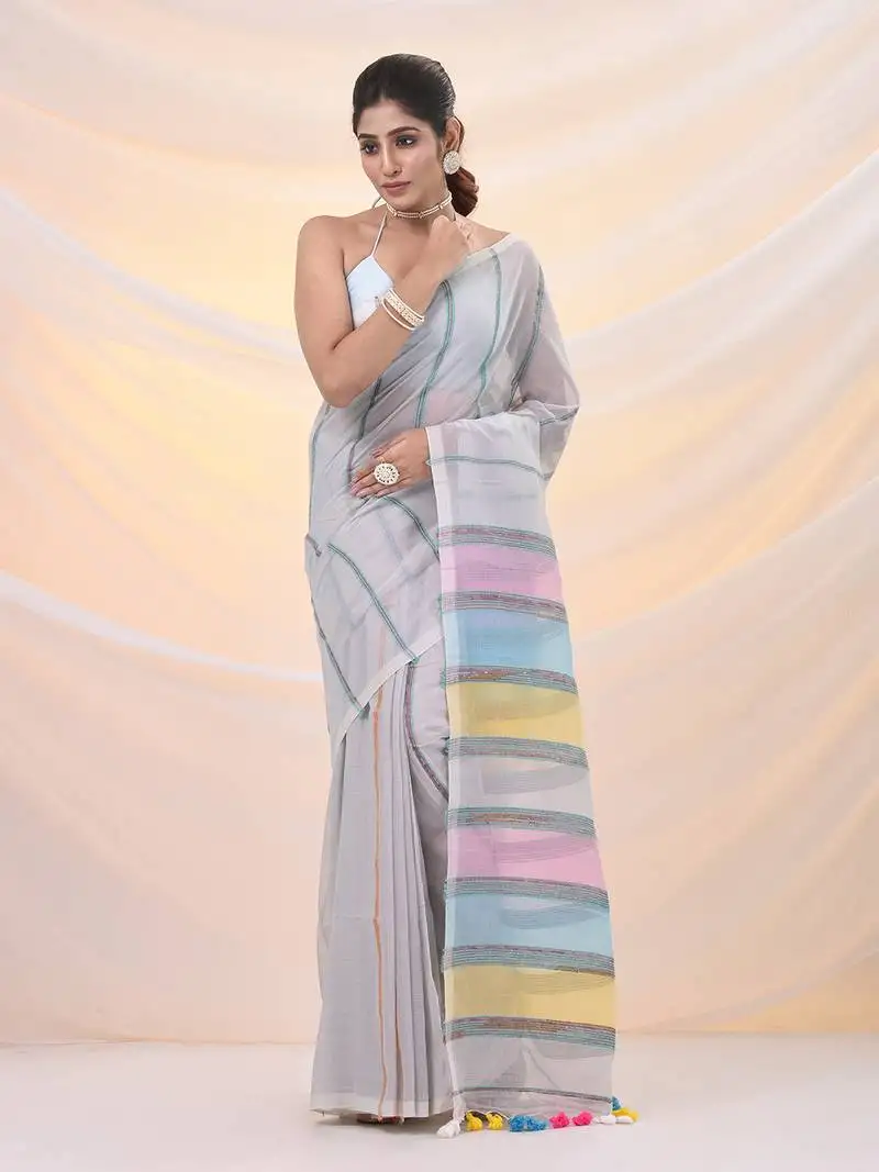 Off white cotton handspun soft saree with stripe pattern