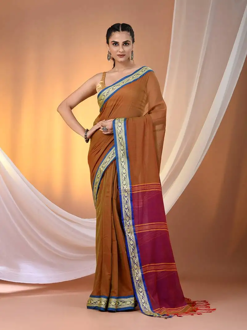 Mustard mulmul cotton soft saree with texture borders without blouse