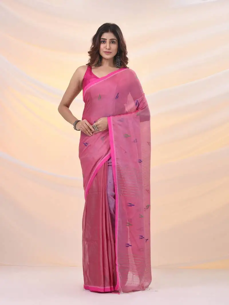Pink tissue cotton handspun soft saree with stripes pallu