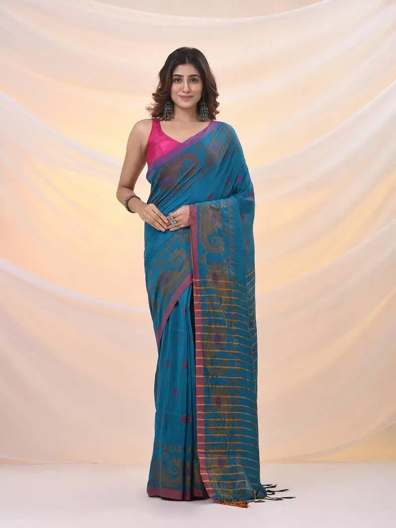 Sapphire blue cotton handspun saree with woven nakshi borders