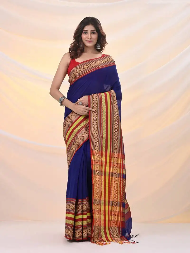 Blue cotton silk soft saree with nakshi borders