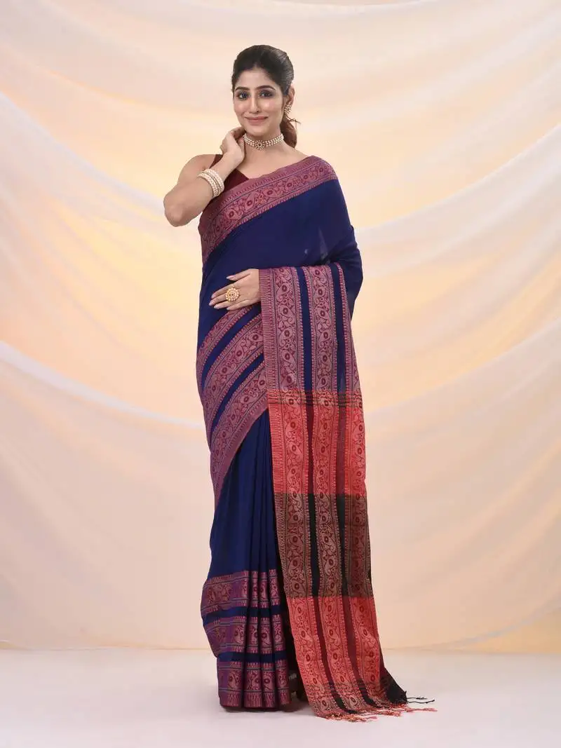 Blue cotton handspun soft saree with woven paisley borders