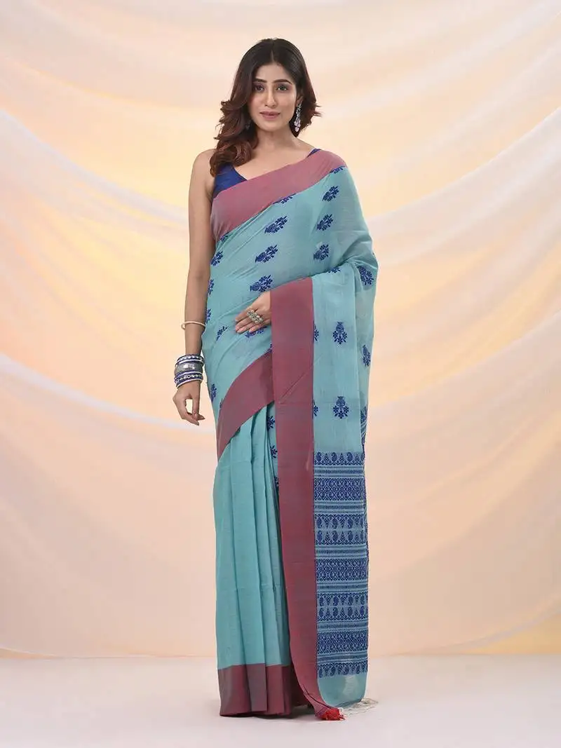 Sea green cotton handspun soft saree with woven nakshi designs