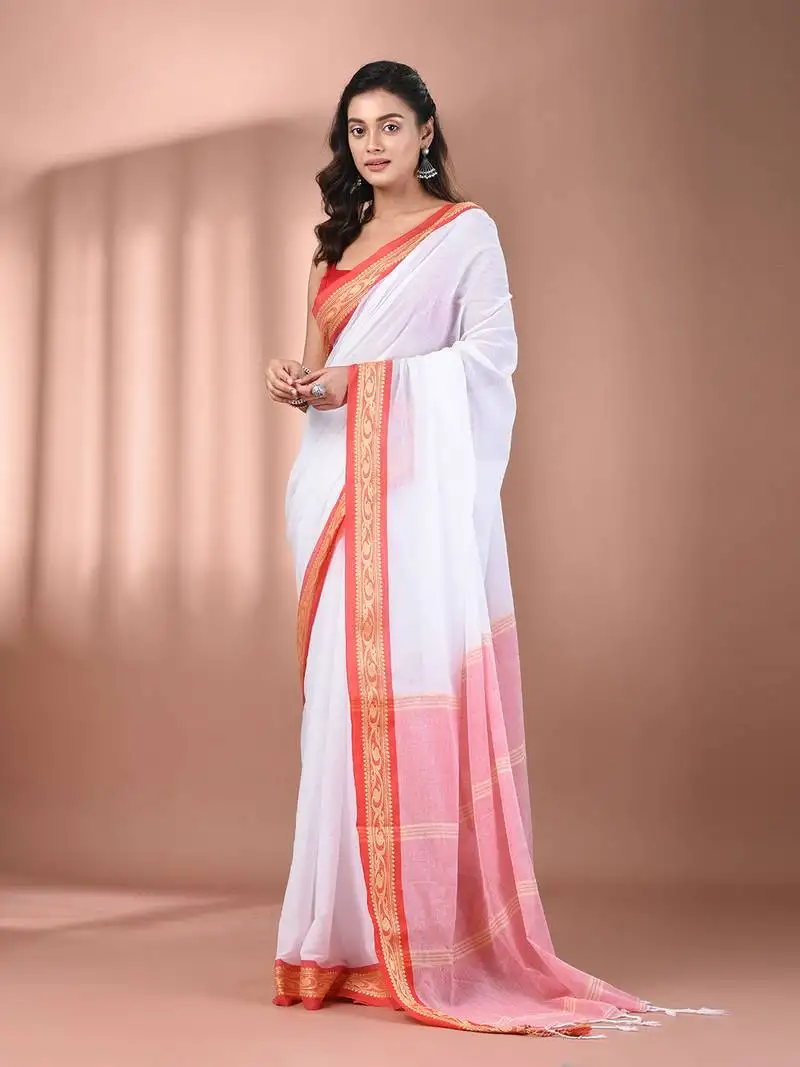 White mulmul cotton soft saree with texture borders without blouse