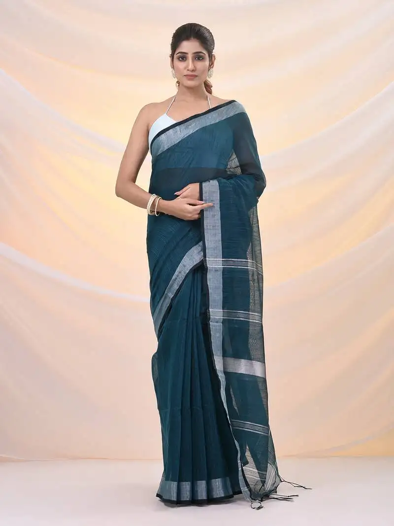 Teal cotton silk soft saree with zari borders