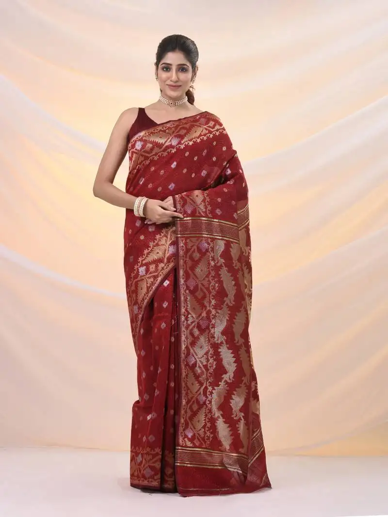 Red silk cotton jamdani saree with woven designs