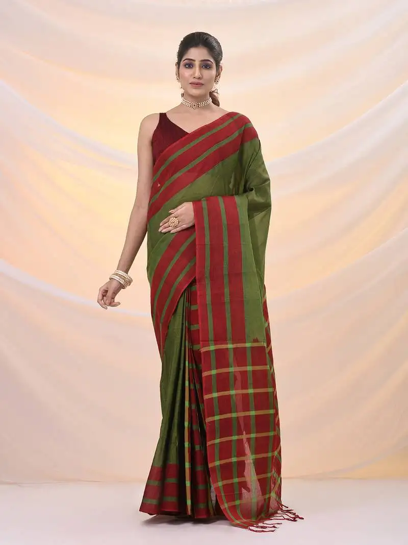 Green and red cotton handspun soft saree with stripes borders