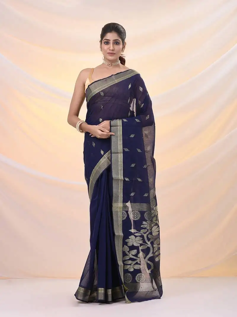 Blue silk cotton jamdani saree with woven designs